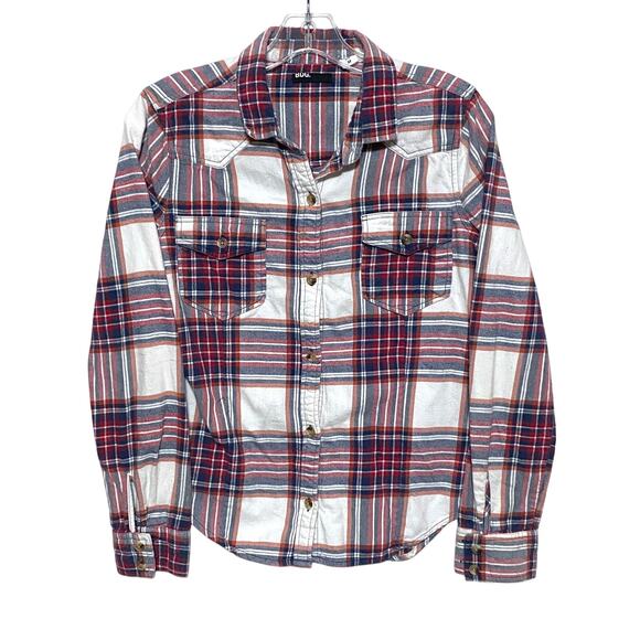 BDG Plaid Striped Red White Blue Button Down Shirt Flap Front Pockets Womens M - Picture 1 of 8